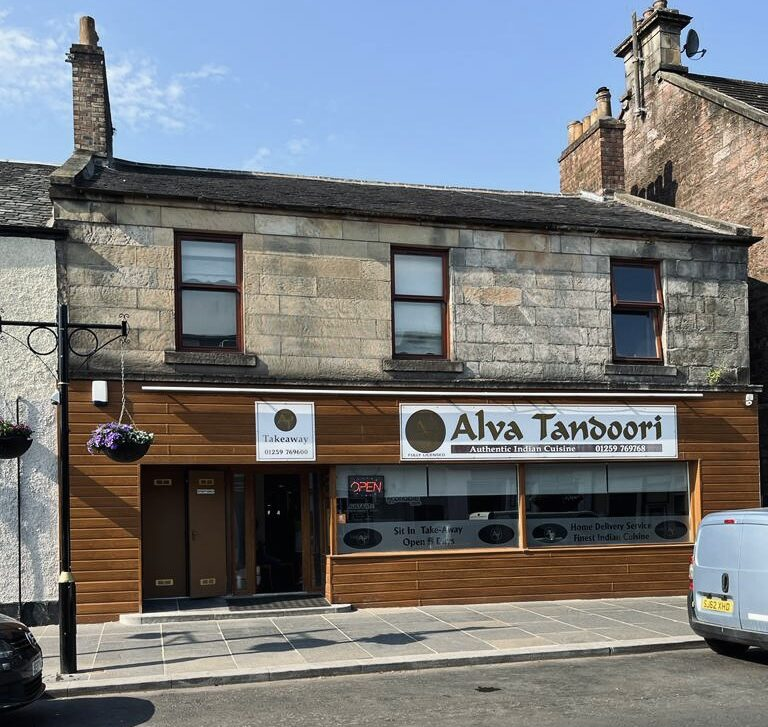 Alva Tandoori restaurant frontage on Stirling Street, Alva